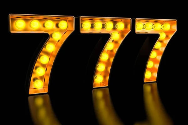 777 signboard from golden light bulb letters, retro glowing font