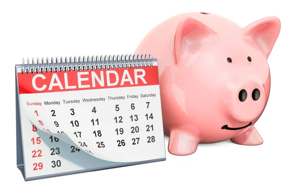 Schreibtischkalender mit Sparschwein, 3D-Rendering — Stockfoto