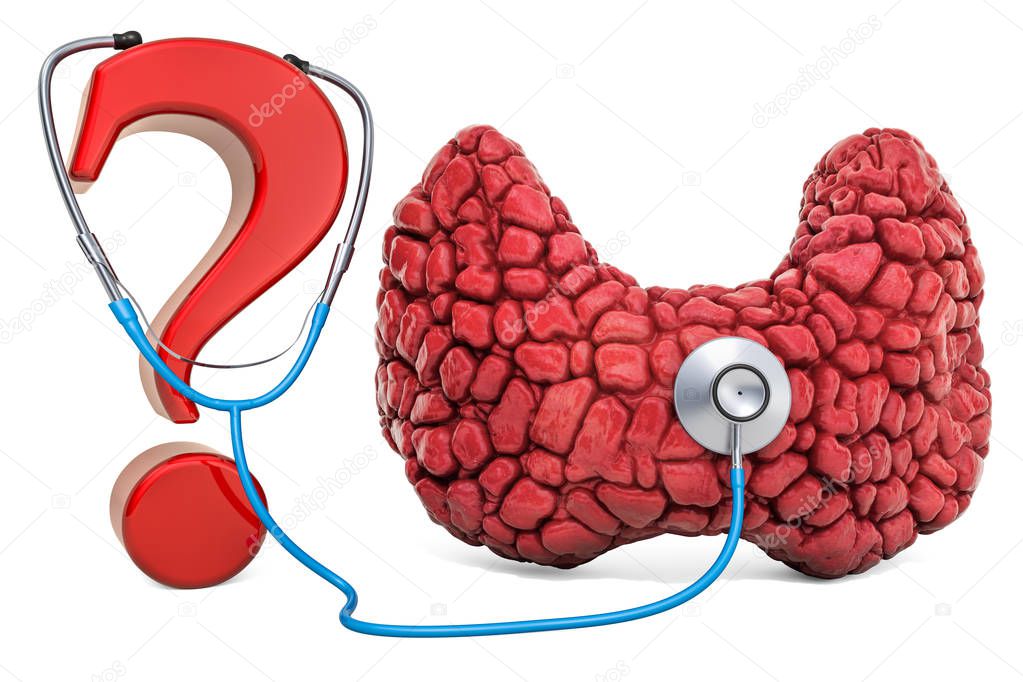 Human thyroid with question mark and stethoscope. Research and d