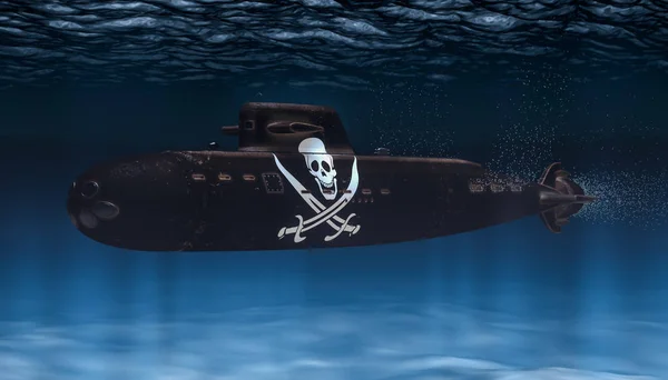 Onderzeeër met piraterij vlag, 3D rendering — Stockfoto