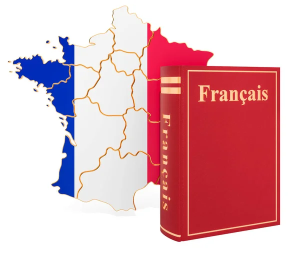 Libro in lingua francese con mappa di Francia, rendering 3D — Foto Stock
