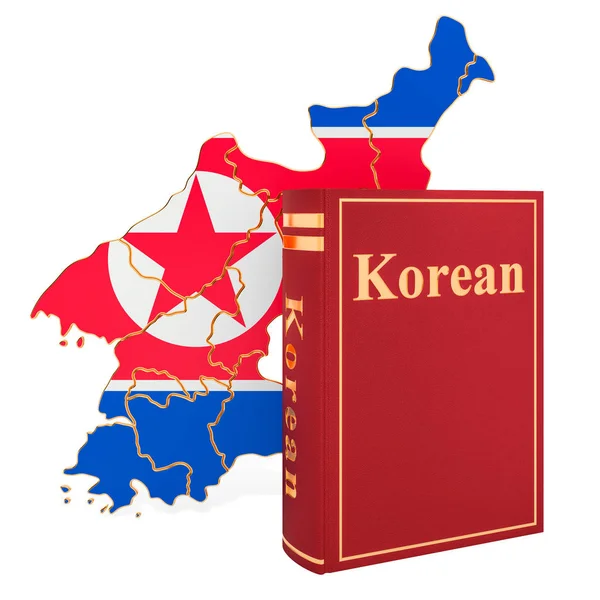 Koreanska språk bok med karta över Nord Korea, 3D-rendering — Stockfoto