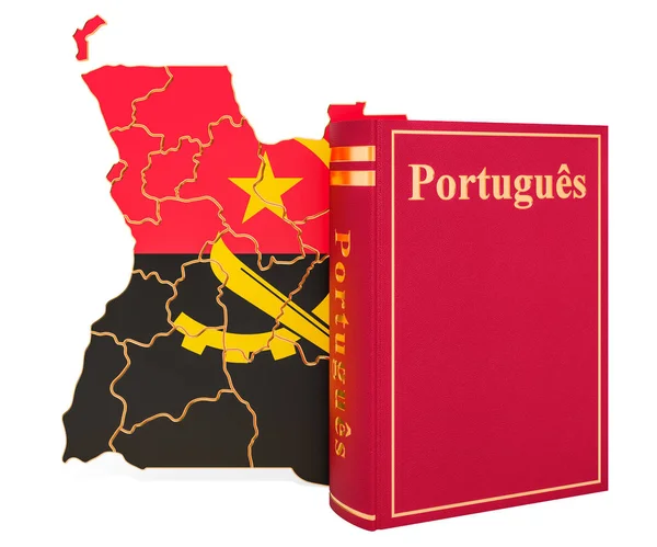 Livro de idiomas português com mapa de Angola, renderização 3D — Fotografia de Stock