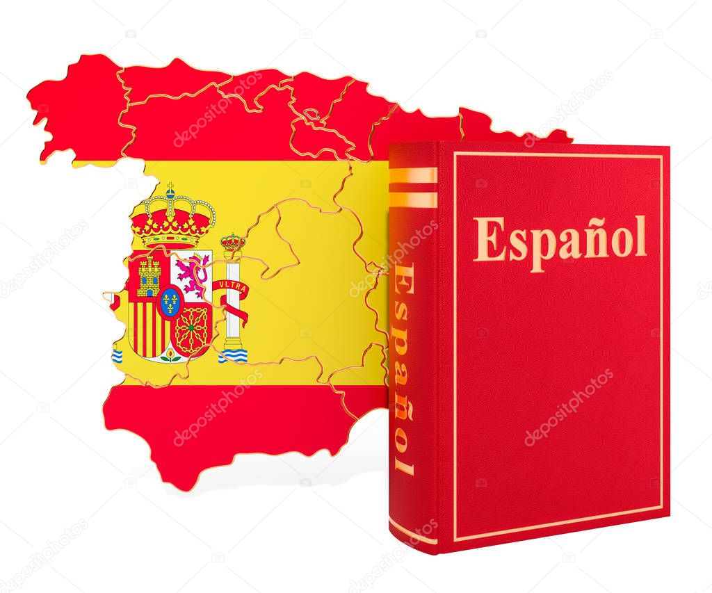 Spanish language book with map of Spain, 3D rendering
