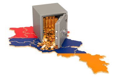 Ermenistan haritasında altın sikkeler ile güvenli kutu, 3d render