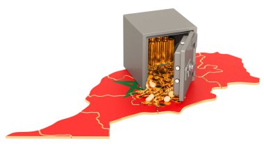 Fas haritasında altın sikke ile güvenli kutu, 3d render