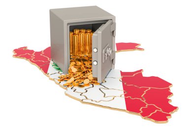 Peru haritasında altın sikke ler ile güvenli kutu, 3d render