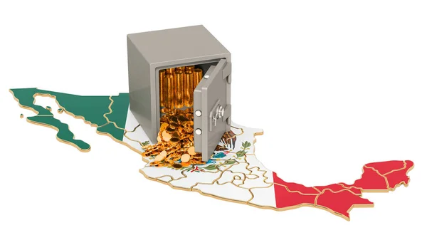 Safe box met gouden munten op de kaart van Mexico, 3D-rendering — Stockfoto