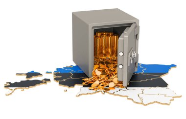 Estonya haritasında altın sikke ile güvenli kutu, 3d render
