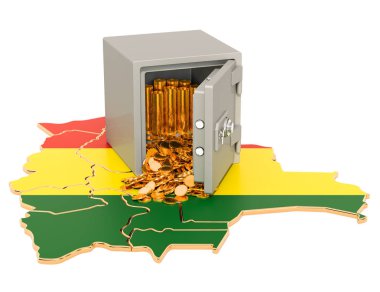 Bolivya haritasında altın sikkeler ile güvenli kutu, 3d render
