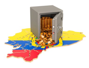 Ekvador haritasında altın sikke ler ile güvenli kutu, 3d render