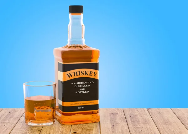 Viski şişesi ve ahşap masada bir bardak viski. — Stok fotoğraf