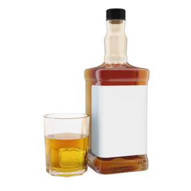 Beyaz etiketli viski şişesi ve bir bardak dolusu viski.