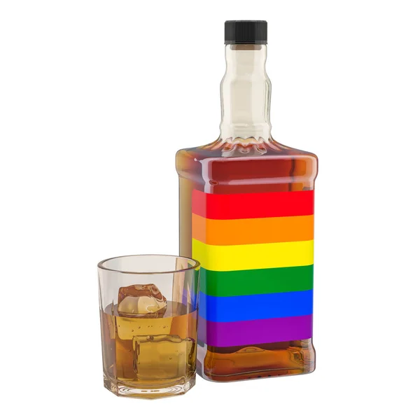 Bottle of alcohol drink with LGBT flag, concept. 3D rendering — Stock Photo, Image