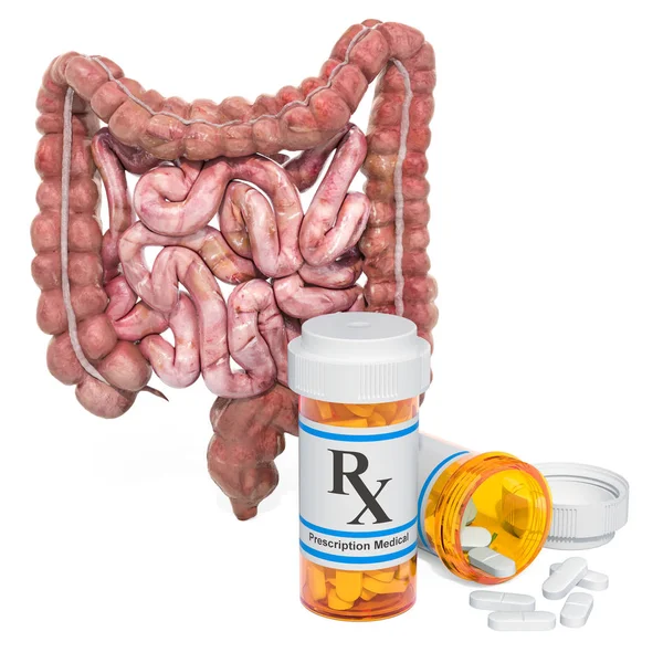 Concepto de intestino y drogas. Intestinos humanos con frascos médicos y pastillas — Foto de Stock