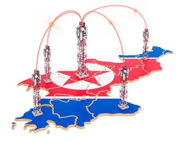 北朝鮮のモバイル通信、地図上のセルタワー — ストック写真