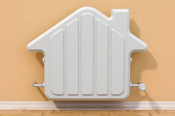Radiador de calefacción en la pared en la casa de la forma, representación 3D — Foto de Stock