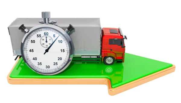 带计时表和绿色箭头的卡车。快速交付理念 — 图库照片