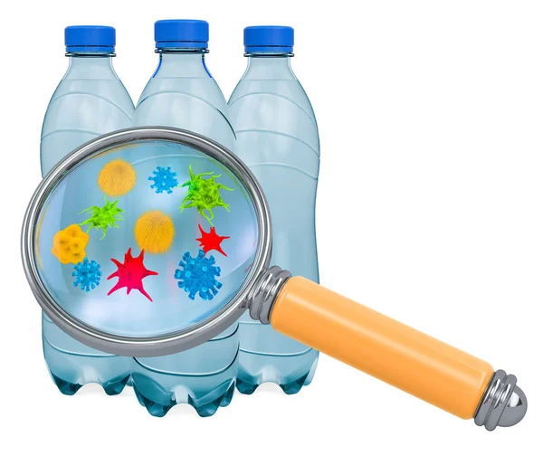 Mikroplar ve bakteriler ile İçecek suyu şişeleri — Stok fotoğraf