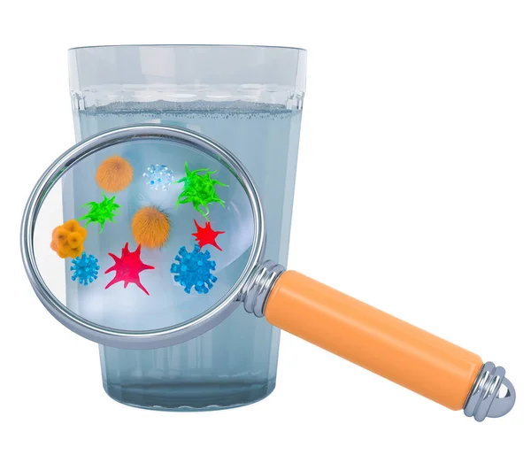 Vaso de agua con virus y bacterias bajo lupa — Foto de Stock