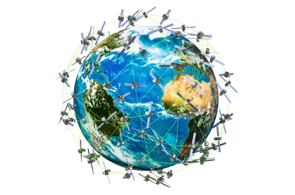 Satélites espaciales alrededor del globo terrestre, representación 3D —  Fotos de Stock
