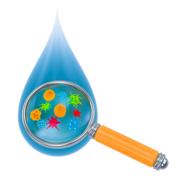 Goccia d'acqua con germi e batteri sotto lente d'ingrandimento — Foto Stock