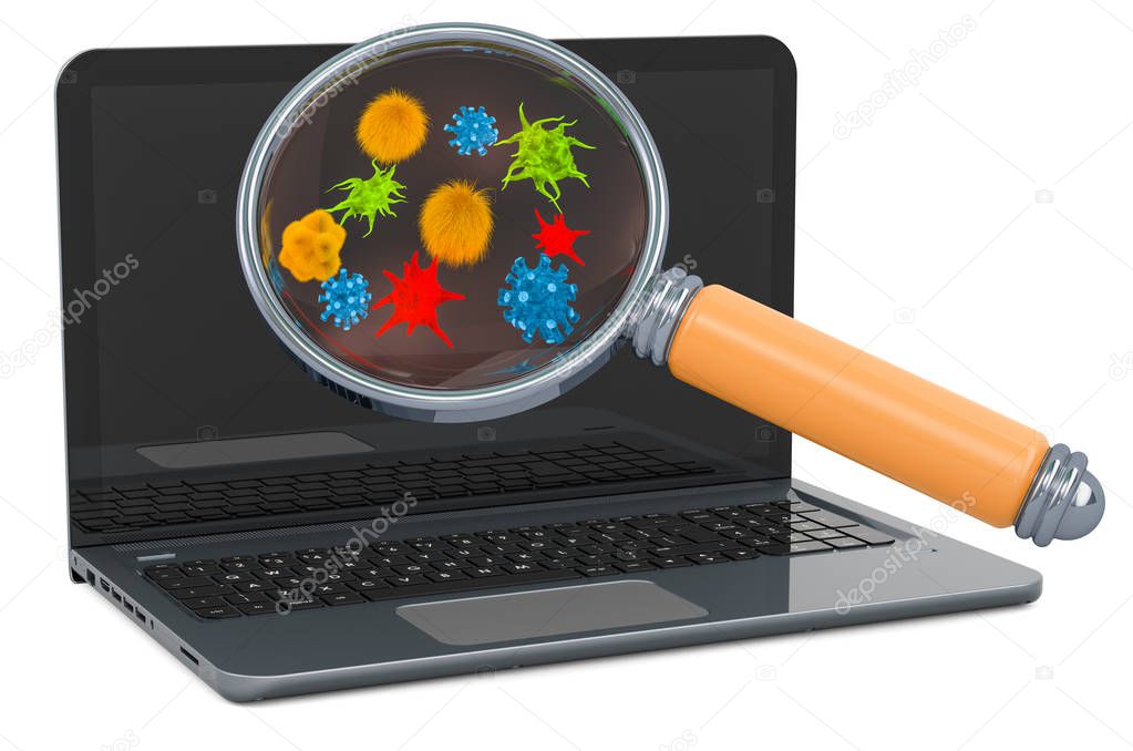 Laptop with viruses and bacterias under magnifying glass