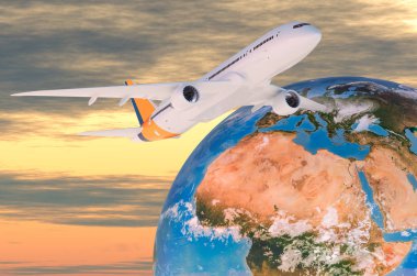 Global Air Travel konsepti. Dünya Globe ile Uçak