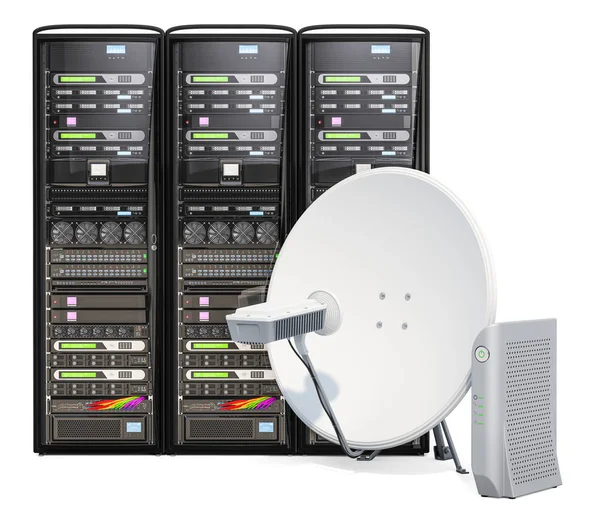 Satelliet internet toegang concept. Computer server racks — Stockfoto