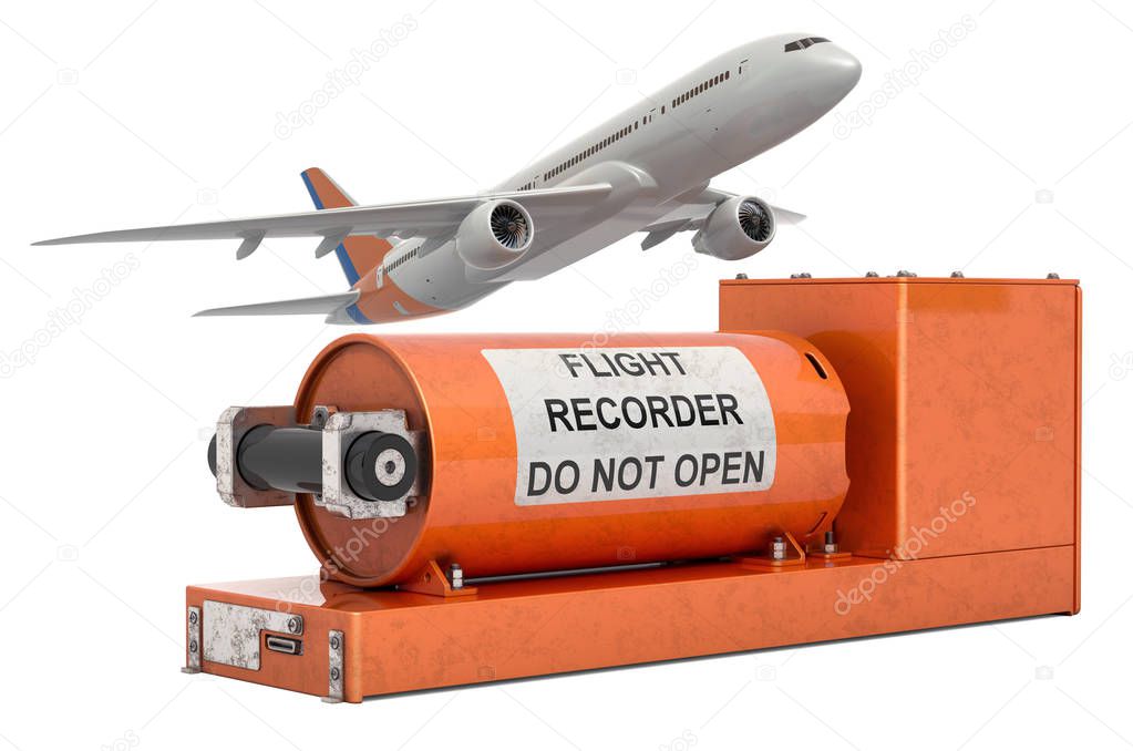 Airplane with flight data recorder, black box. 3D rendering 