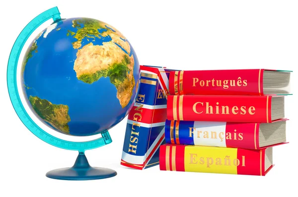 Idiomas Livros com globo geográfico da Terra, renderização 3D — Fotografia de Stock