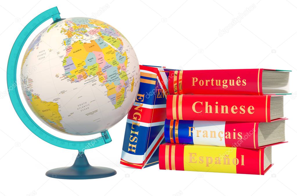 Languages Books with political globe of Earth, 3D rendering