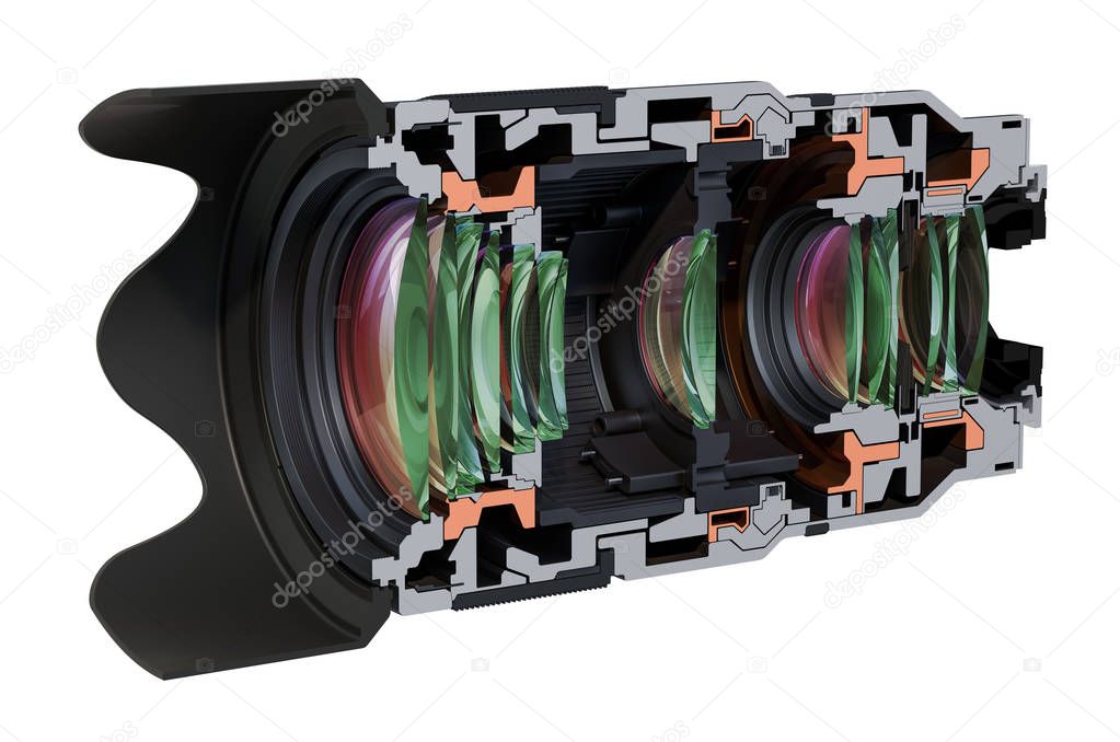 Sectional camera lens view closeup, 3D rendering