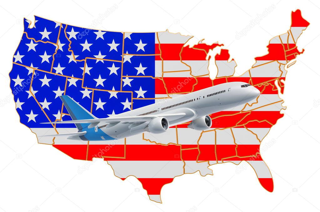 Flights to the USA, travel concept. 3D rendering