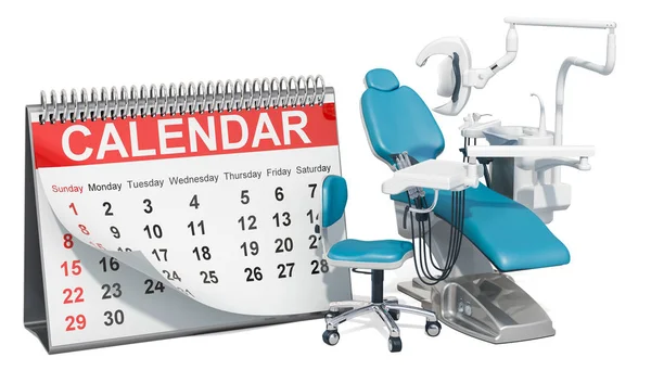 Η ιδέα της ημερομηνίας του οδοντίατρου. Ημερολόγιο γραφείου με πολυθρόνα — Φωτογραφία Αρχείου