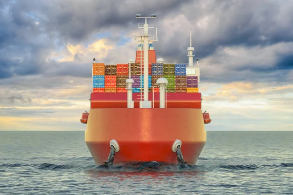Buque de carga con contenedores de carga navegando en el océano, renderizado 3D — Foto de Stock
