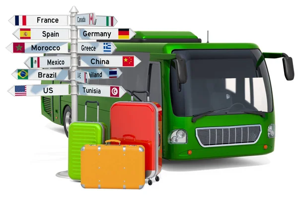 Viaggiare in autobus concetto. Autobus con valigie e segnaletica — Foto Stock