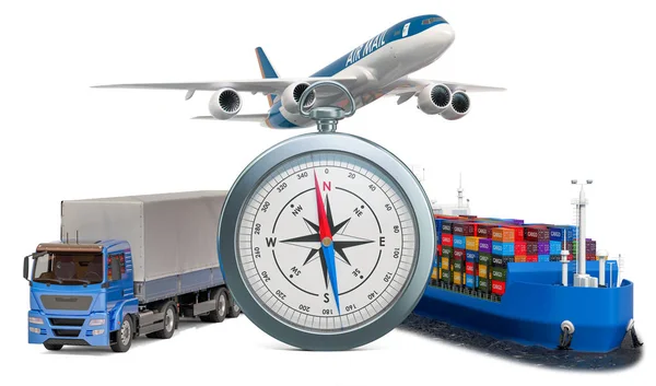 Globales Lieferkonzept. Kompass mit LKW, Flugzeug — Stockfoto