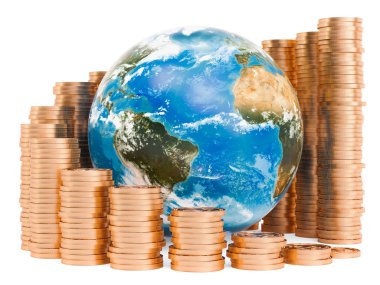 Earth Globe etrafında altın sikke büyüyen grafik ile