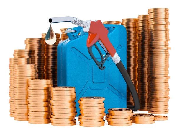 Fuel pump nozzle and jerrycan with golden coins around — Stock Photo, Image