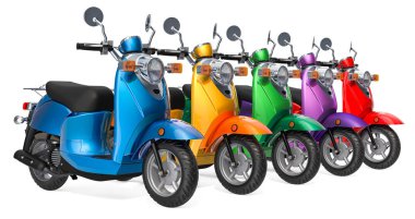 Renkli klasik scooter veya elektrikli mopedler satır