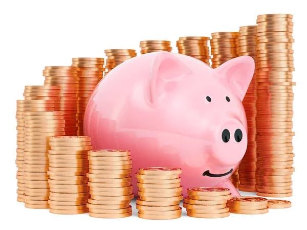 Piggy bank with growing chart from gold coins around — Stock Photo, Image