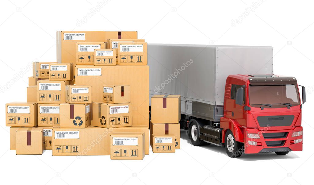 Truck with parcels. Freight transportation, delivery concept