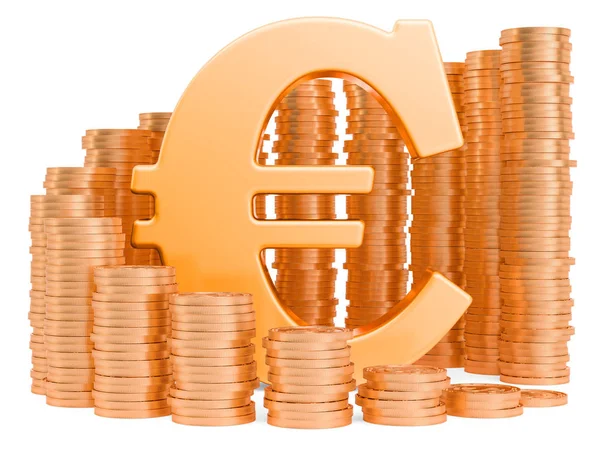 Símbolo de euro com moedas de ouro ao redor, renderização 3D — Fotografia de Stock