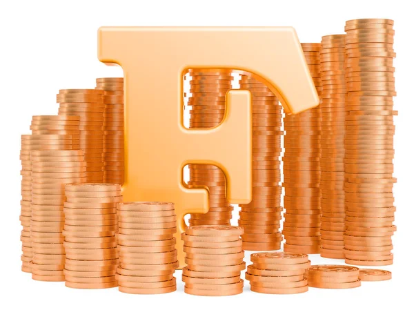 Symbol Franka ze złotymi monetami dookoła, renderowanie 3D — Zdjęcie stockowe