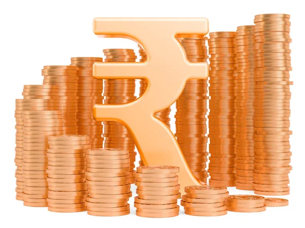 Rupee symbol with golden coins around, 3D rendering — Stock Photo, Image