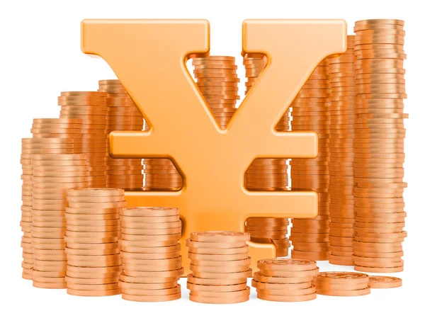 Yen o yuan símbolo con monedas de oro alrededor, representación 3D —  Fotos de Stock