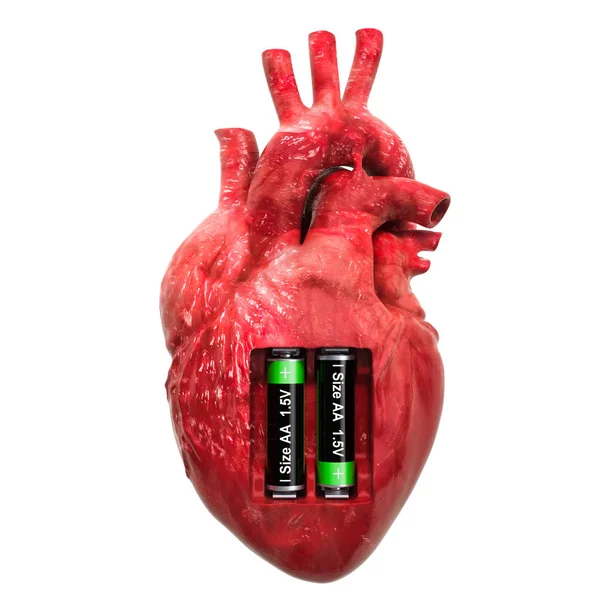 Corazón humano con baterías. Concepto de recuperación y tratamiento — Foto de Stock