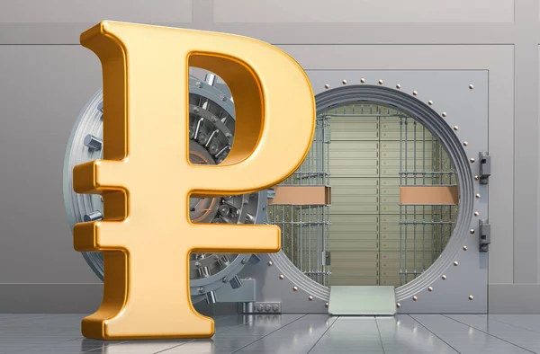 Signo de rublo con bóveda bancaria abierta, renderizado 3D —  Fotos de Stock