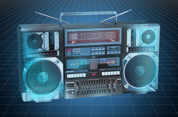 Visualization 3d cad model of retro Boombox, blueprint